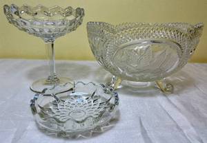 lot 58 image: Vintage Flying Geese Footed Frosted 24% Lead Crystal Bowl, Fostoria American Compote Dish and Fostoria CandyNut Dish