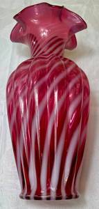 lot 77 image: Fenton Spiral Optic Cranberry Opalescent 11  Vase