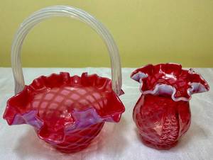 lot 78 image: Fenton Cranberry Glass Opalescent Diamond Point Ruffle Rim Vase and Fenton Cranberry Basket with Clear Twisted Handle