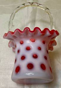 lot 65 image: Large Fenton Cranberry Opalescent Coin Dot 6 Ruffled Vase and Fenton Coin Dot 6.5 Basket with Crimped Rim
