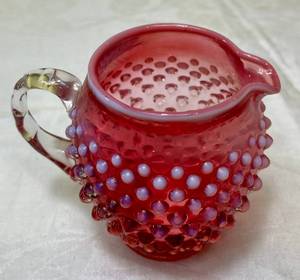 lot 85 image: Vintage Fenton Cranberry Hobnail Cruet with Stopper and Cranberry Opalescent Hobnail 4.5 Pitcher