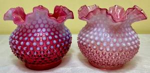 lot 84 image: Set of 2 Fenton Art Glass Cranberry Opalescent Hobnail Vases 5 x 6