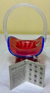 lot 87 image: Fenton Basket, Cranberry Opalescent Glass, Stars and Stripes 2001, Handlers Mark Frank Workman