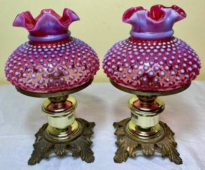 lot 3 image: Rare Set of Fenton Hobnail Cranberry Opalescent Lamps (not corded, candle lamp) Heavy Bases