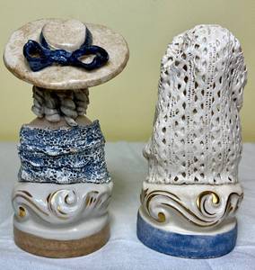 lot 96 image: Vintage Cordey Porcelain Figurine #5030#5027 Woman with Flowers & Bonnet and #5026#5027 Porcelain Lady with Scarf Bust