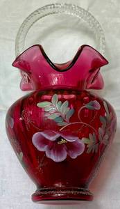 lot 97 image: Fenton Glass Cranberry Diamond Optic Ruffled Bowl Vase and 95th Anniversary Glass Legacy Basket
