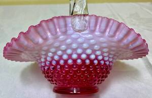 lot 91 image: Fenton Cranberry Hobnail Opalescent 10 Basket with Clear Glass Reeded Handle