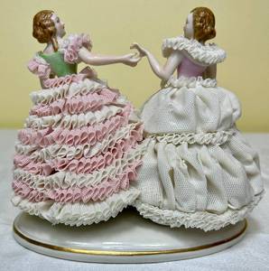 lot 105 image: Vintage MZ Irish Dresden Lace Porcelain Two ladies in Ballgowns era 1880s Figurine
