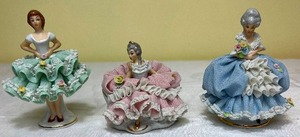 lot 111 image: Vintage Sandizell Dresden Lace Porcelain Figurine with Blue Dress #688, Emily in Green Dress and Sitting Girl in Pink #575