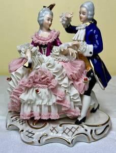 lot 116 image: Dresden Lace Porcelain Germany Porzellanfabrik Wilhelm Rittirsch Couple Courting Figurine 6.5 H x 6 W