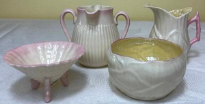 lot 118 image: Belleek Ireland Porcelain Open Sugar Bowl, Creamer Pitcher, Double Sided Spout Creamer, Salt Dip Bowl