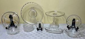 lot 62 image: Clear Glass Collection - Imperial Glass serving dishes, cake pedelstal, Fostoria rimmed bowl, vintage anchor hocking bowl, jewelry box and cambridge 2 handled bowl