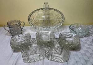 lot 57 image: Indiana Glass Collection - 2 pc Chip and Dip Set, Divided Bowl, 4 place Divided tray,  11 square servingcandy dish and glass spooner