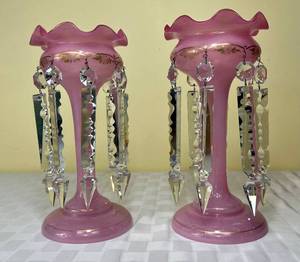 lot 63 image: Victorian Pair of Mantle Lusters, pink, 11 H, 8 Crystal Prisms