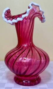 lot 80 image: Fenton Glass Cranberry Spiral Twisted Snow Crest Ruffled 11.25 H x 6 W