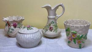 lot 117 image: Belleek Ireland Porcelain Floral Basket, Covered Rose & Shamrock Trinket Box, Carloingford Shell Porcelain Rose Vase and Rose Shamrock 6 Pitcher