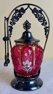 lot 137 image: Victorian Silverplate Cranberry Glass Pickle Castor 10.5 H