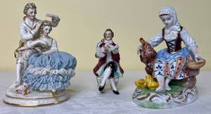 lot 152 image: Vintage Dresden Porcelain Figurines- Carl Thieme Woman with Chickens 4,  German Dresden Lace Couple, and MZ Ireland Dresden Colonial Gentleman