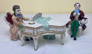 lot 151 image: Dresden Art Vintage Frankenthal Figurine Boy in Chair 4 H and Man at Parlor Piano 4