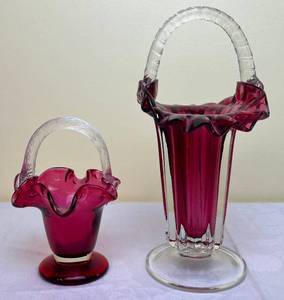 lot 167 image: Murano Art Glass Cranberry Basket 10 H x 5 W and Vinatge Cranberry Glass Basket with Clear Handle 6 x 4.25