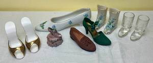 lot 164 image: Vintage Porcelain Shoe Collection -Porcelain White 8 Shoe, Tassel Loafer by Just the Right Shoe, Sumptuous Quilt by Just the Right Shoe, Wesley China Porcelain Floral Boots, Glass Cowboy Boots and Dept 56 Bone China High Heel Pumps