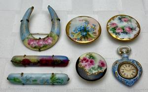 lot 148 image: Vintage Porcelain Hand Painted Round Stud Buttons, Porcelain Bar Pins, Horseshoe Brooch, Blue Floral Pendant Watch