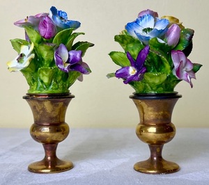 lot 180 image: Vintage Coalport England Bone China Bouquets in Gorham Sterling Silver Urns - set of 2