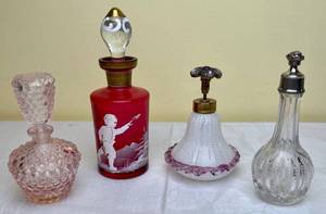 lot 184 image: Vintage Perfume Bottles - Mary Gregory Bohemia Glass, Pink Hobnail, Antique Cut Glass and Vintage Lattice Glass with Jewels Topper