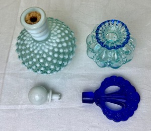 lot 189 image: Vinatge Fenton Perfume Bottles with Stoppers- Aqua Opalescent Hobnail and 95th Anniversary Perfume Decanter