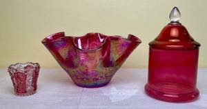 lot 169 image: Vintage Imperial Red Clear Art Glass Toothpick Holder 2.5 round, Vintage Cranberry Apothecary Jar 7.25 x 4.25 W and Cranberry Mist Floppy Bowl 5 H x 9.5 W