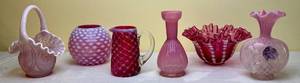 lot 172 image: Hand Blown Glass Collection - Pink and Cranberry - 6 Quilted Vase with glass flowers, 6.25 Vase, Cranberry Opalescent Tankard Pitcher 5, Pink Hobnail 5 Squat Vase, Vintage Cranberry Glass Candy Dish 4 H x 7 W and Pink Carnival Basket