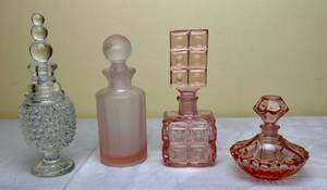 lot 193 image: Vintage Perfume Bottles with Stoppers -Depression Glass, Crystal Hobnail, Pink Frosted Glass. 4 Pieces.