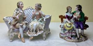 lot 171 image: Antique 1762 Volkstedt Germany Porcelain Victorian Couple On Bench 5.5 H x 4.5 W and Vintage Dresden Couple on Settee #6259 5.75 x 8 W