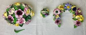 lot 183 image: Denton Best Bone China Floral Bouquets - Made in England- Horseshoe in Mint Green, Small Basket Bouquet and Bouquet in White Basket 7.5 W x 5 H