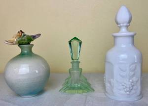 lot 204 image: Westmoreland Panel Harvest Grape Milk Glass Bottle Decanter, Antoinette Light Green Perfume Bottle and Pansy Pottery Perfume Bottle