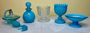 lot 206 image: Turquoise Bathroom Vanity Pieces - Vintage Avon Bristol Blue Soap Dish and Perfume Bottle, Fostoria Avon Footed Holder, Portieux Vallerysthal Blue Opaline Compote and Curious Eau de Parfum Spray Atomizer