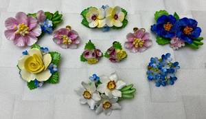 lot 186 image: Vintage Denton Floral Brooches and Clip on Earrings, Bone China, Made in England- 10 pieces