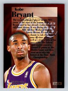 lot 43A image: Kobe Bryant Rookie Rewind Insert 1997-98 Fleer #3 Basketball Card