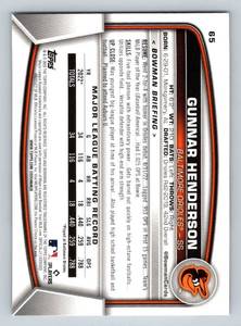 lot 10B image: Gunnar Henderson RC 2023 Bowman #65 Rookie Baseball Card