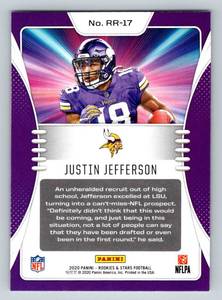 lot 7F image: Justin Jefferson RC 2020 Rookies & Stars Rookie Rush #RR-17 Minnesota Vikings Football Card