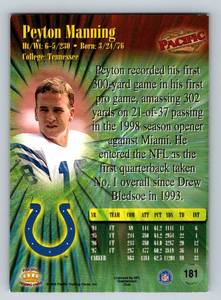 lot 9F image: Peyton Manning RC 1998 Pacific #181 Rookie Football Card