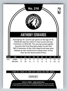 lot 12J image: Anthony Edwards RC 2020-21 NBA Hoops #216 Rookie Minnesota Timberwolves Basketball Card