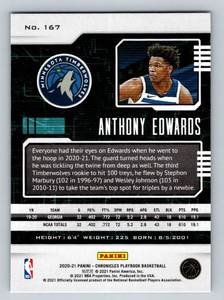 lot 16J image: Anthony Edwards RC 2020-21 Chronicles Playbook #167 Rookie Minnesota Timberwolves Basketball Card