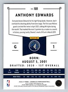 lot 18J image: Anthony Edwards RC 2020-21 Chronicles #101 Rookie Minnesota Timberwolves Basketball Card
