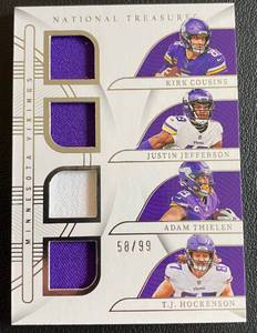 lot 4A image: Justin Jefferson, Adam Thielen, Kirk Cousing, T.J. Hockenson Quad Relic 5899 2022 National Treasures #GQM-MINN Minnesota Vikings Rare Football Card