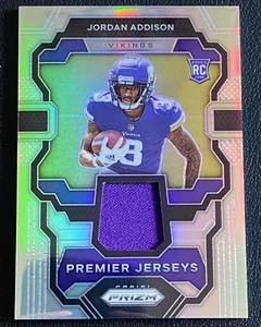 lot 11A image: Jordan Addison RC Relic 2023 Prizm Premier Jerseys #PJ-JA Rookie Minnesota Vikings Football Card