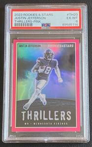 lot 20A image: Justin Jefferson PSA 6 2023 Rookies & Stars Thrillers Pink #TH20 Minnesota Vikings Football Card