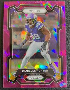 lot 66A image: Danielle Hunter Numbered 143225 Purple Cracked Ise 2023 Prizm #193 Minnesota Vikings Football Card