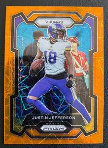 lot 8B image: Justin Jefferson Orange Laser Prizm 2023 #195 Minnesota Vikings Football Card