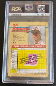 lot 11C image: Chipper Jones RC PSA 9 Mint 1992 Bowman #28 Rookie Baseball Card
